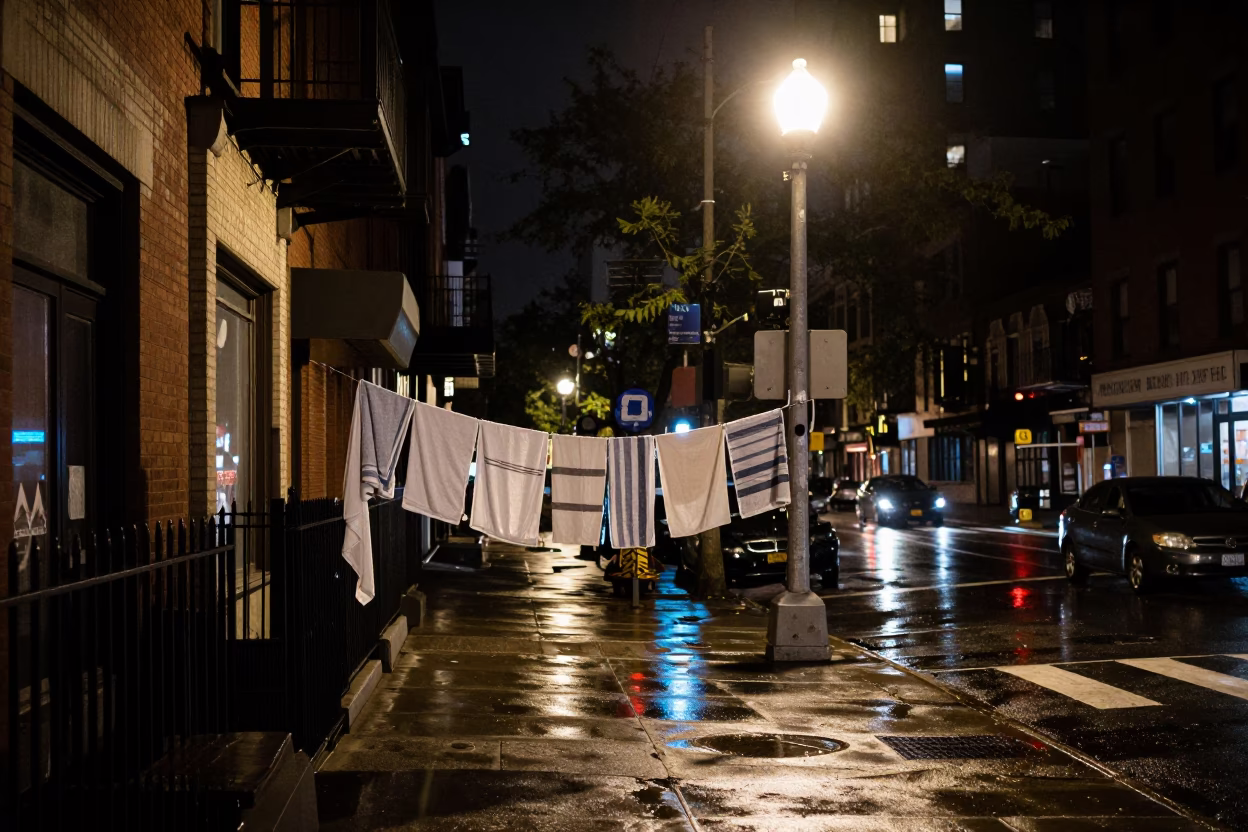 Late Night New York Street Corner with Drying Towels and Urban Debris in in New York, New York, United States