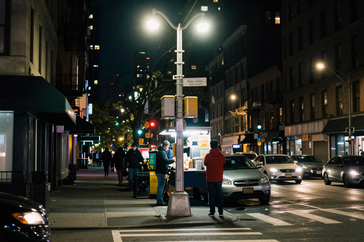 Late Night New York Street Corner with Food Delivery and Urban Details in in New York, New York, United States