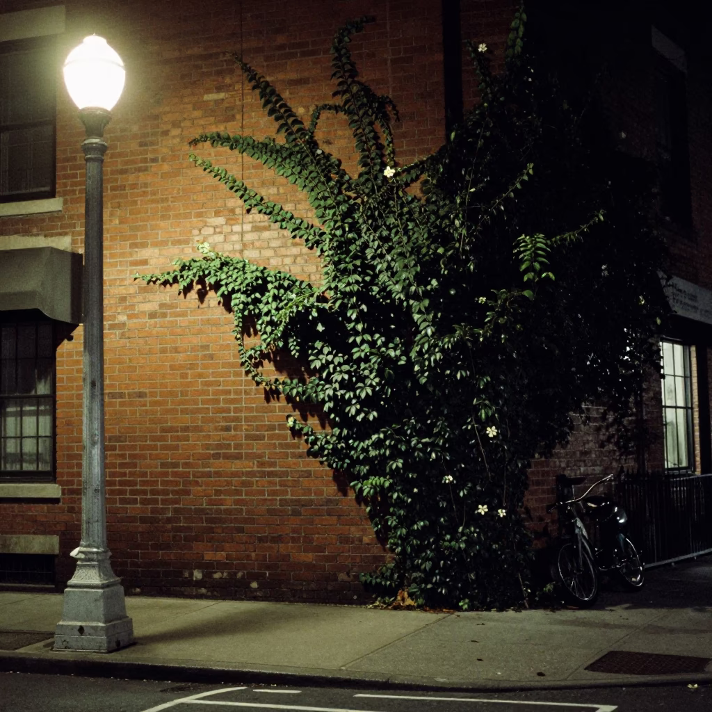 Late Night New York Street Corner with Ivy Brick Wall and Distant City Lights in in New York, New York, United States