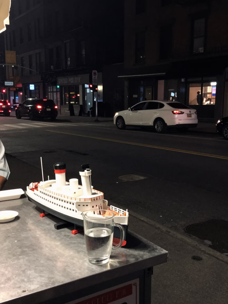Late Night New York Street Corner with Steamship Toy and Wicker Shadow in in New York, New York, United States