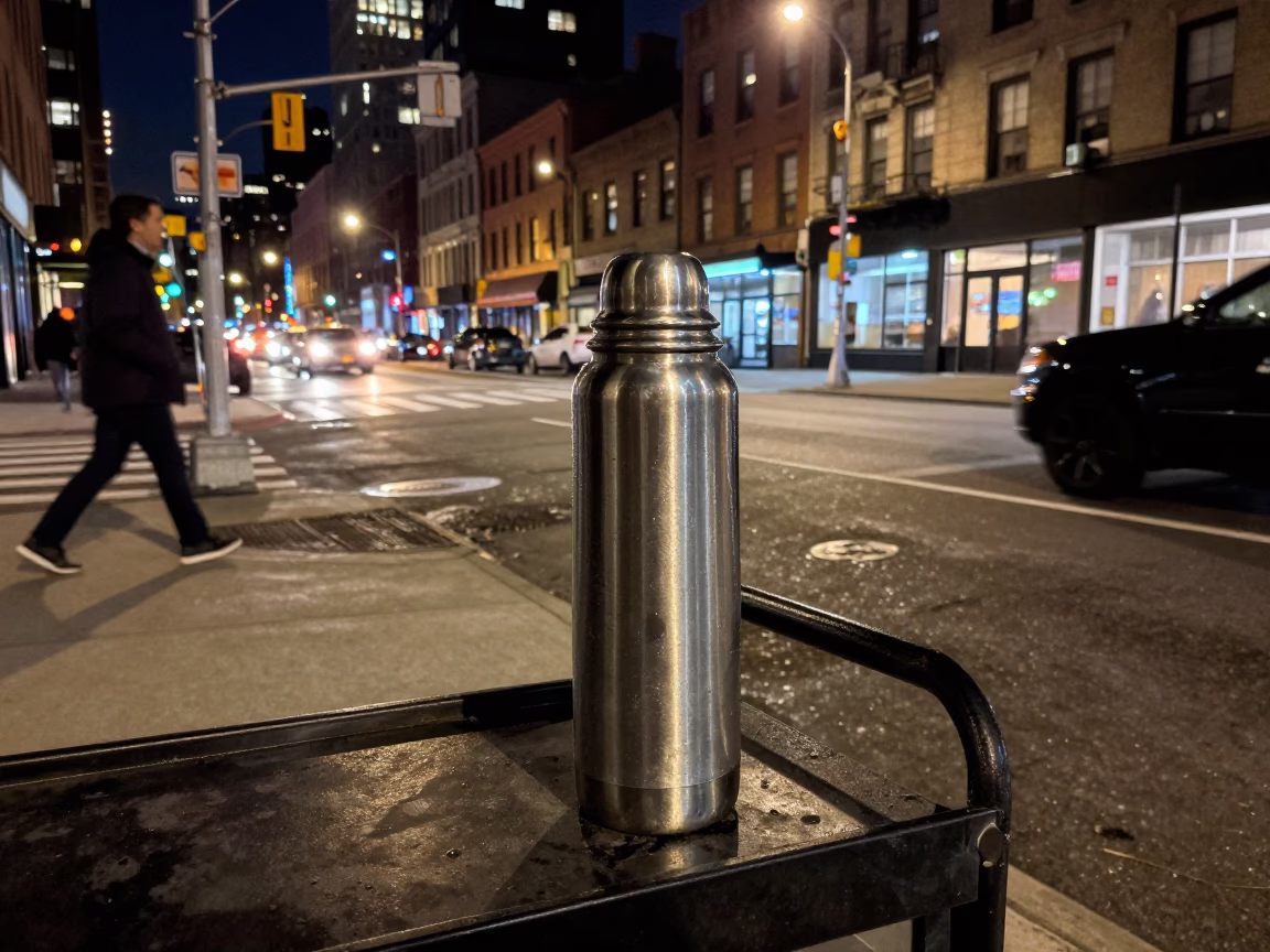 Late Night New York Street Corner with Thermos and Urban Night Life in in New York, New York, United States