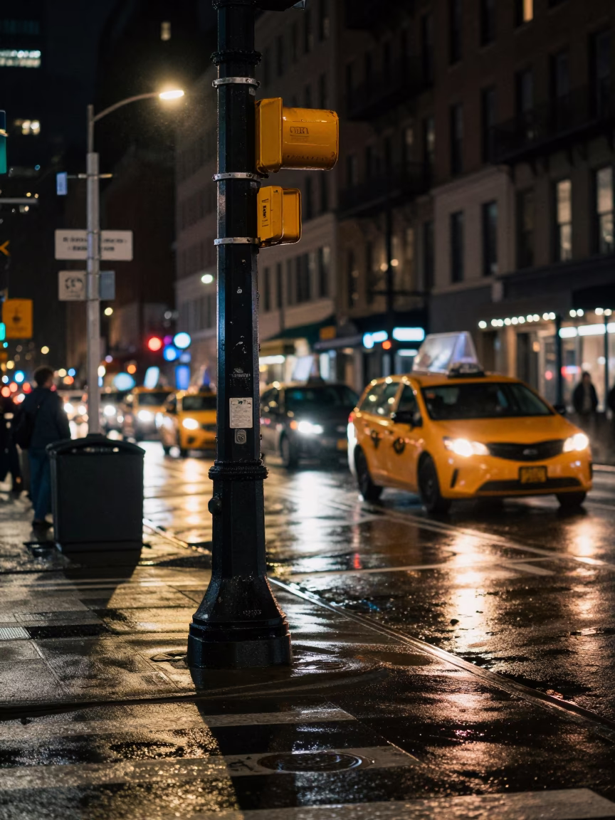 Late Night New York Street Corner with Wet Pavement and City Lights in in New York, New York, United States