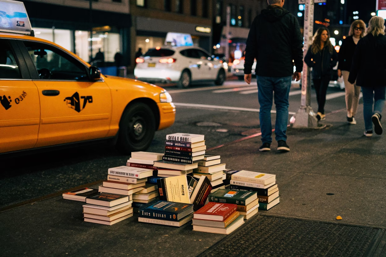 Late Night New York Street Scene with Books and Floor Lamp in in New York, New York, United States