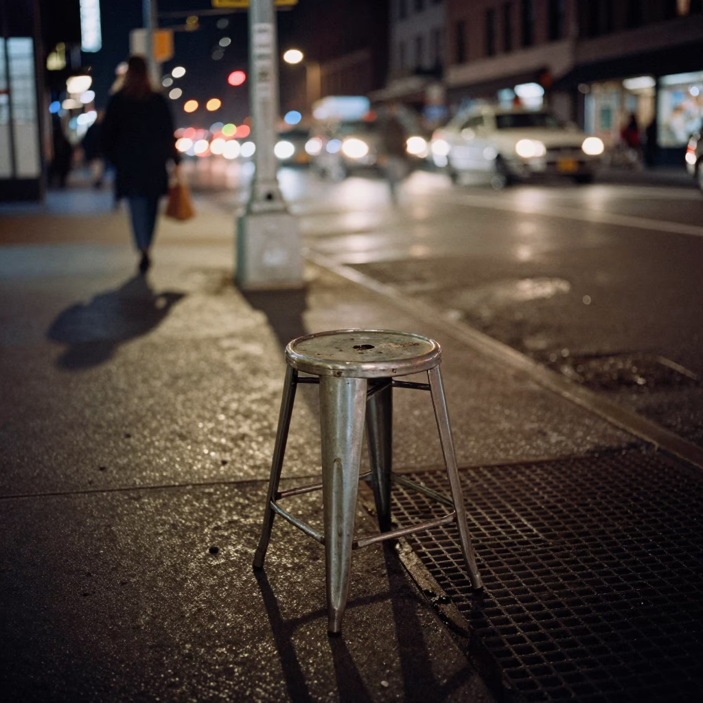 Late Night New York Street Scene with Camp Stool and Padlock Detail in in New York, New York, United States