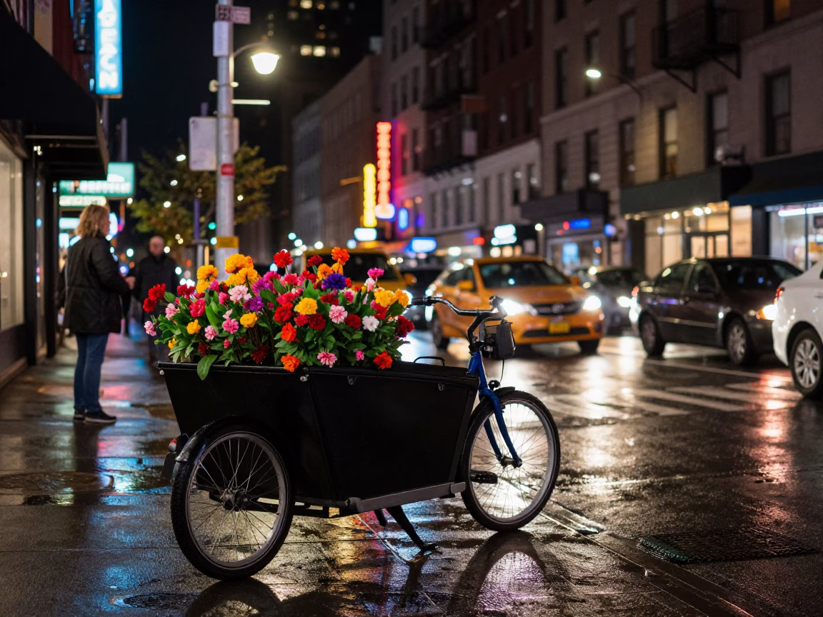 Late Night New York Street Scene with Cargo Bicycle and Urban Elements in in New York, New York, United States