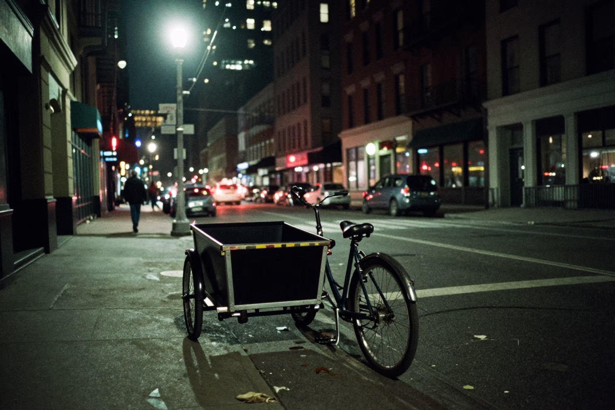Late Night New York Street Scene with Cargo Bicycle and Urban Infrastructure in in New York, New York, United States