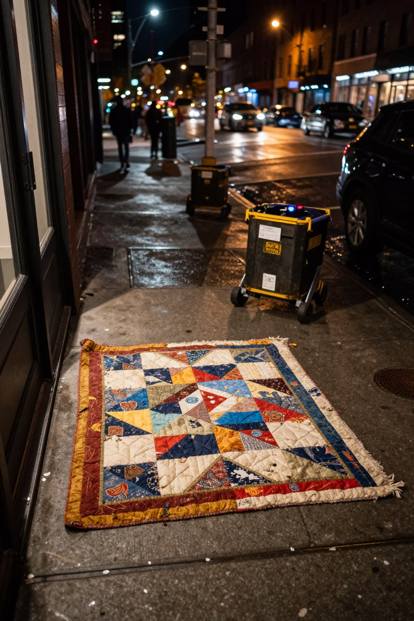 Late Night New York Street Scene with Casters and Quilt on Concrete Sidewalk in in New York, New York, United States