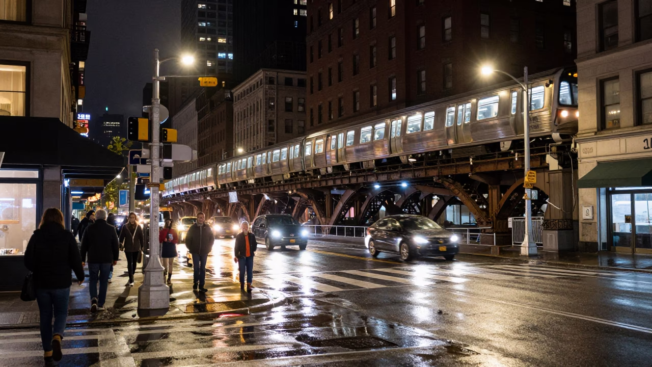 Late Night New York Street Scene with Commuter Train Bridge Crossing at Blue Hour in in New York, New York, United States