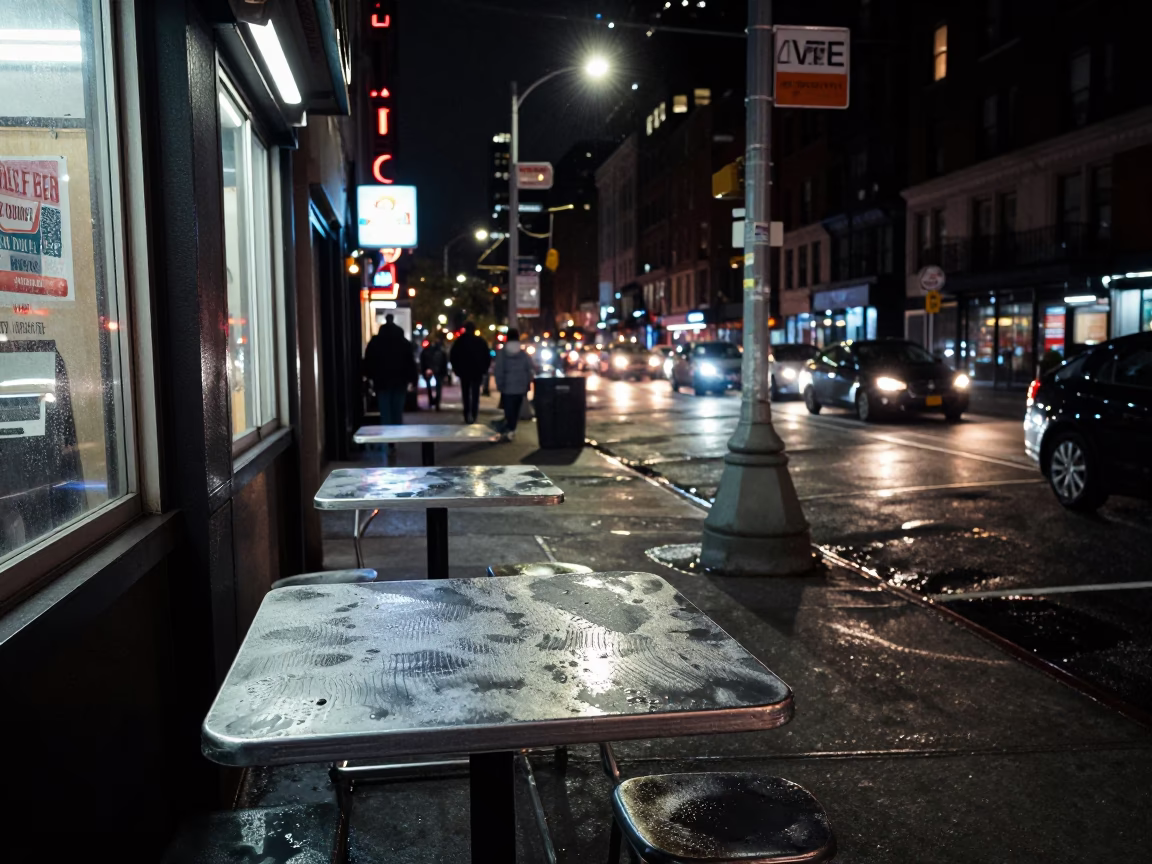 Late Night New York Street Scene with Condensation and Urban Details in in New York, New York, United States