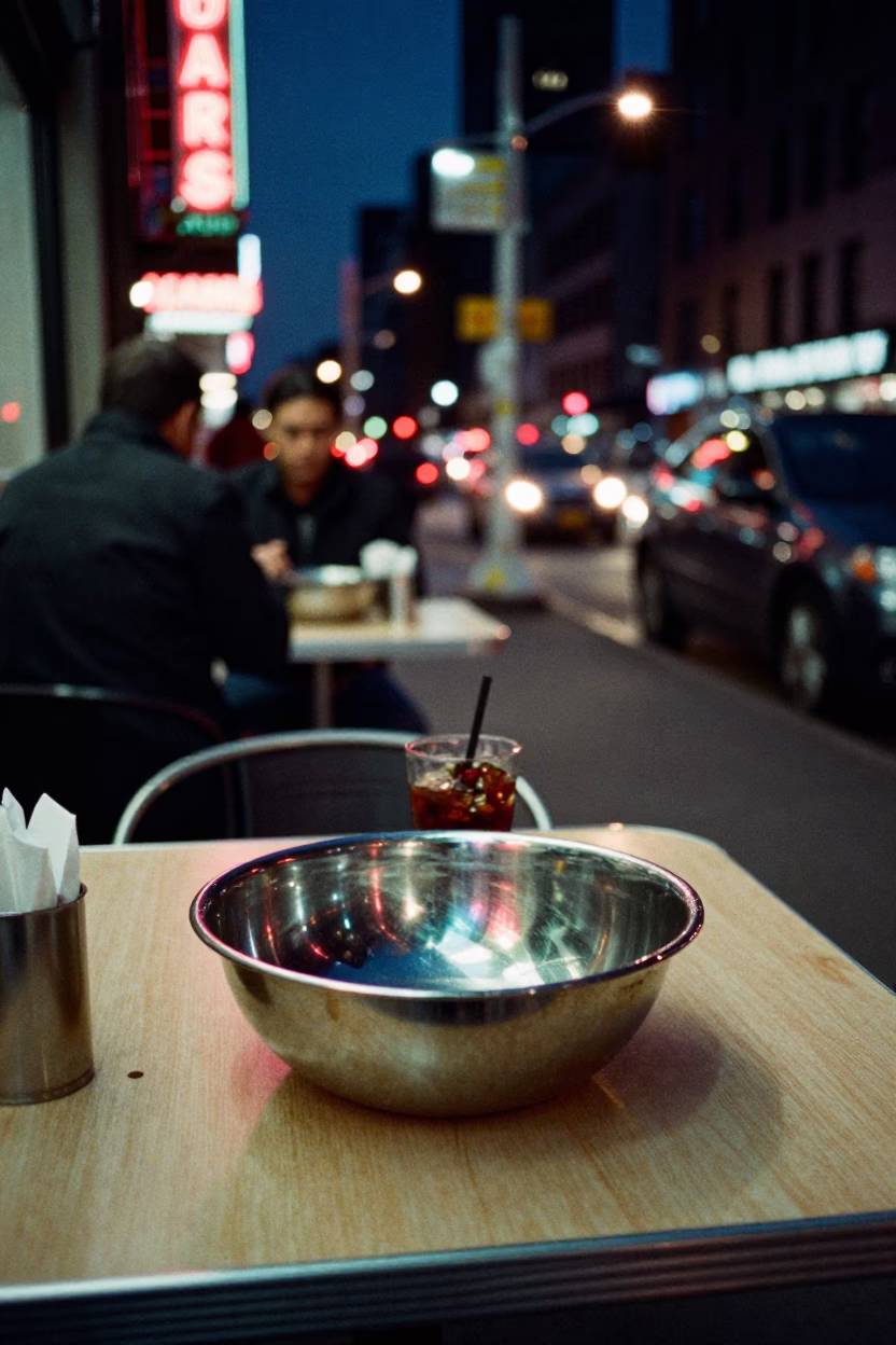 Late Night New York Street Scene with Diner Table and City Lights in in New York, New York, United States