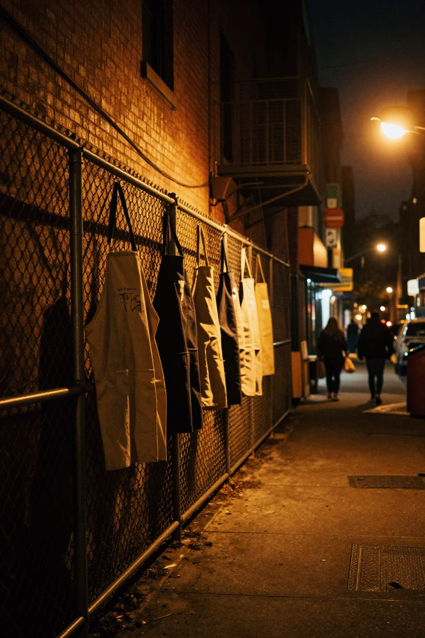 Late Night New York Street Scene with Hanging Aprons and Urban Details in in New York, New York, United States
