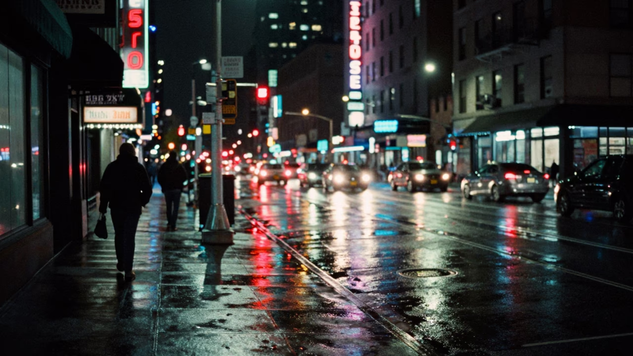 Late Night New York Street Scene with Neon Reflections and Urban Details in in New York, New York, United States