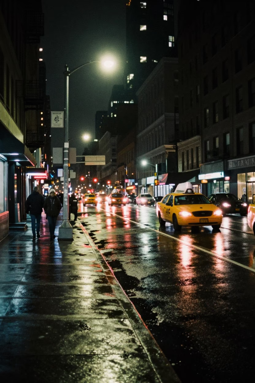 Late Night New York Street Scene with Reflections and City Lights in in New York, New York, United States