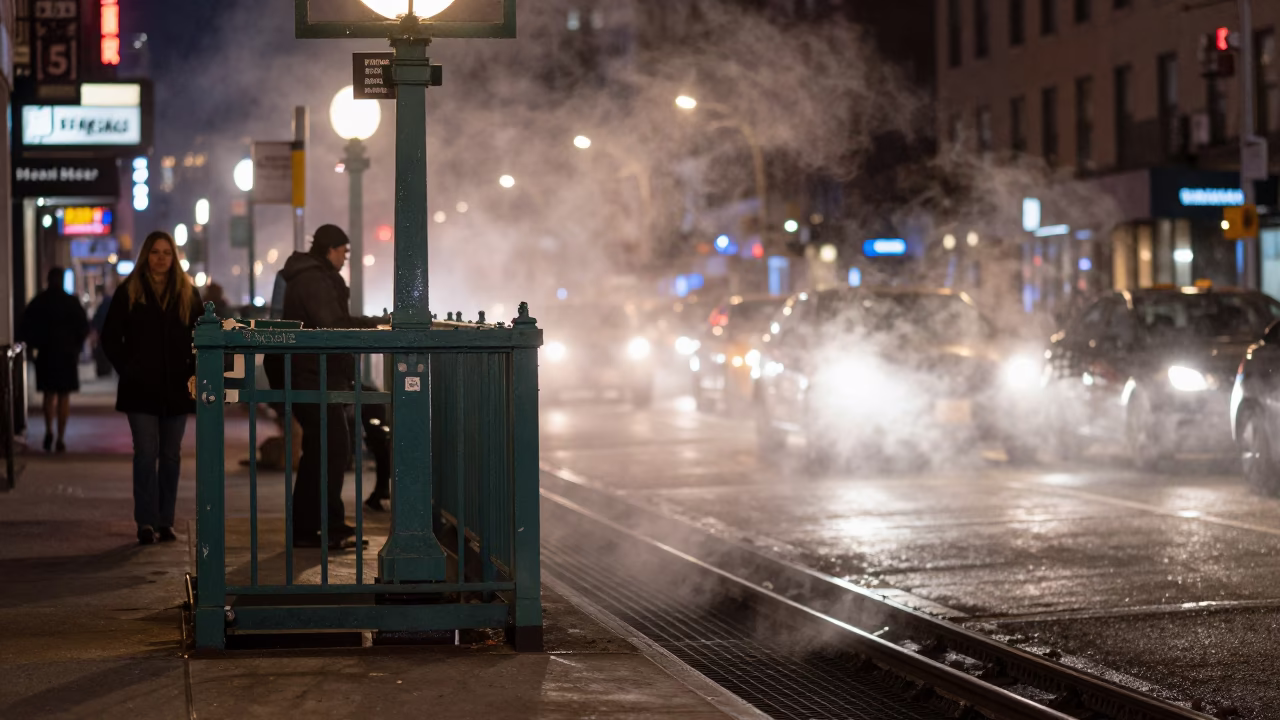 Late Night New York Street Scene with Steam Haze and City Lights in in New York, New York, United States