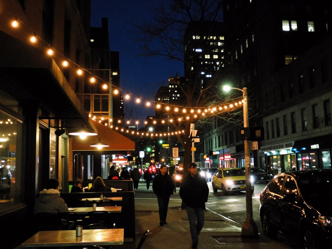 Late Night New York Street Scene with String Lights and Urban Nightlife Details in in New York, New York, United States