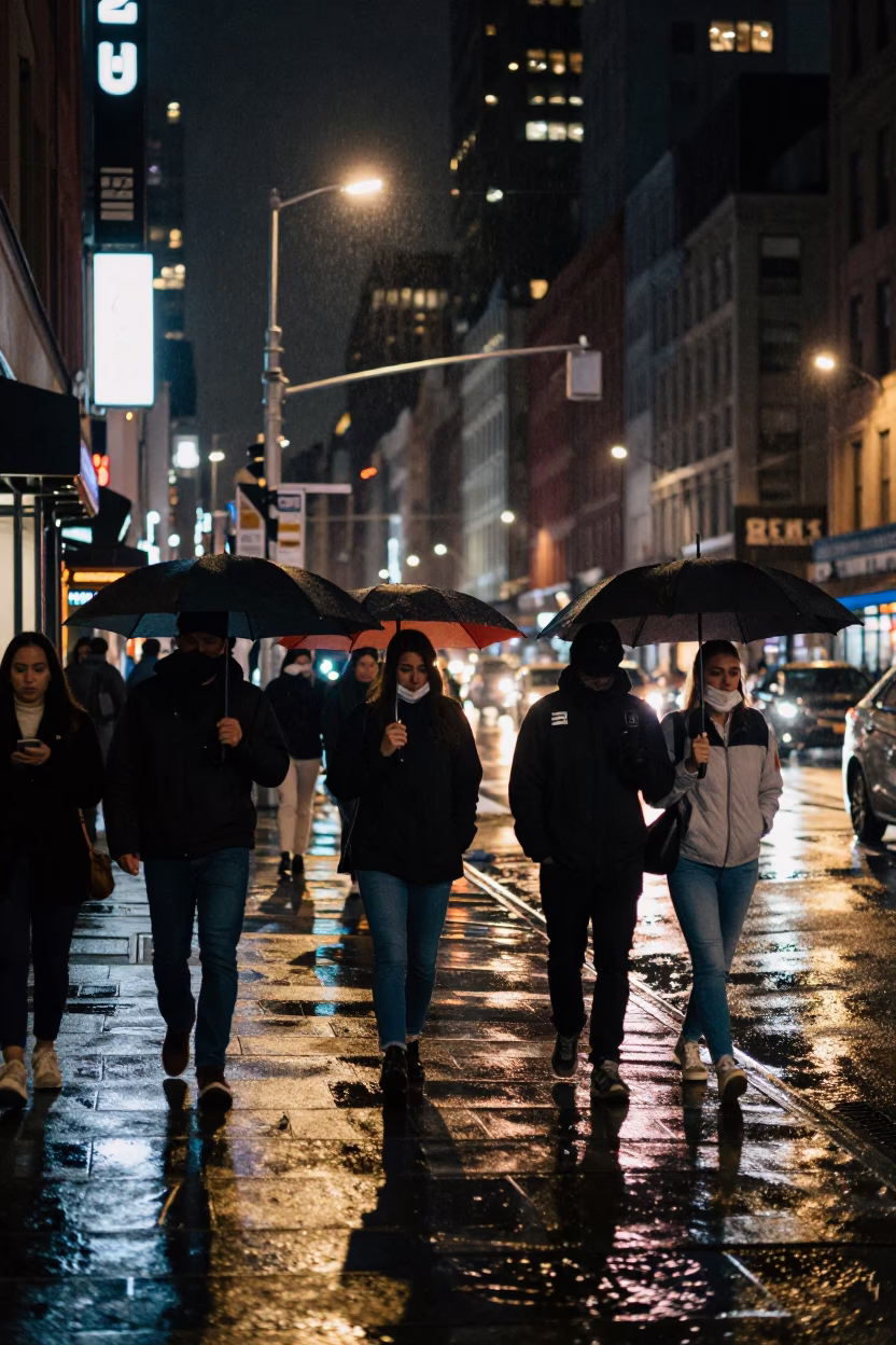 Late Night New York Street Scene with Umbrellas and Urban Details in in New York, New York, United States
