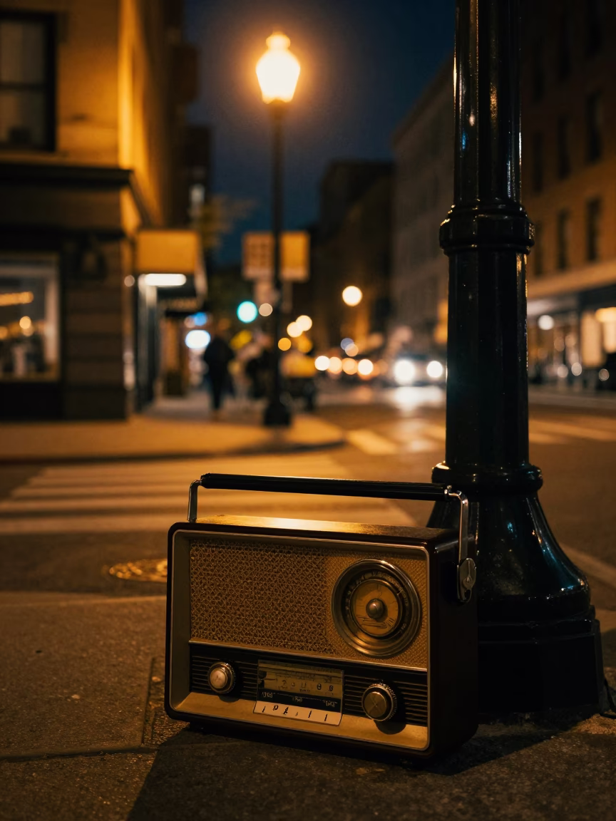 Late Night New York Street Scene with Vintage Radio and Coat Brush on Sidewalk in in New York, New York, United States