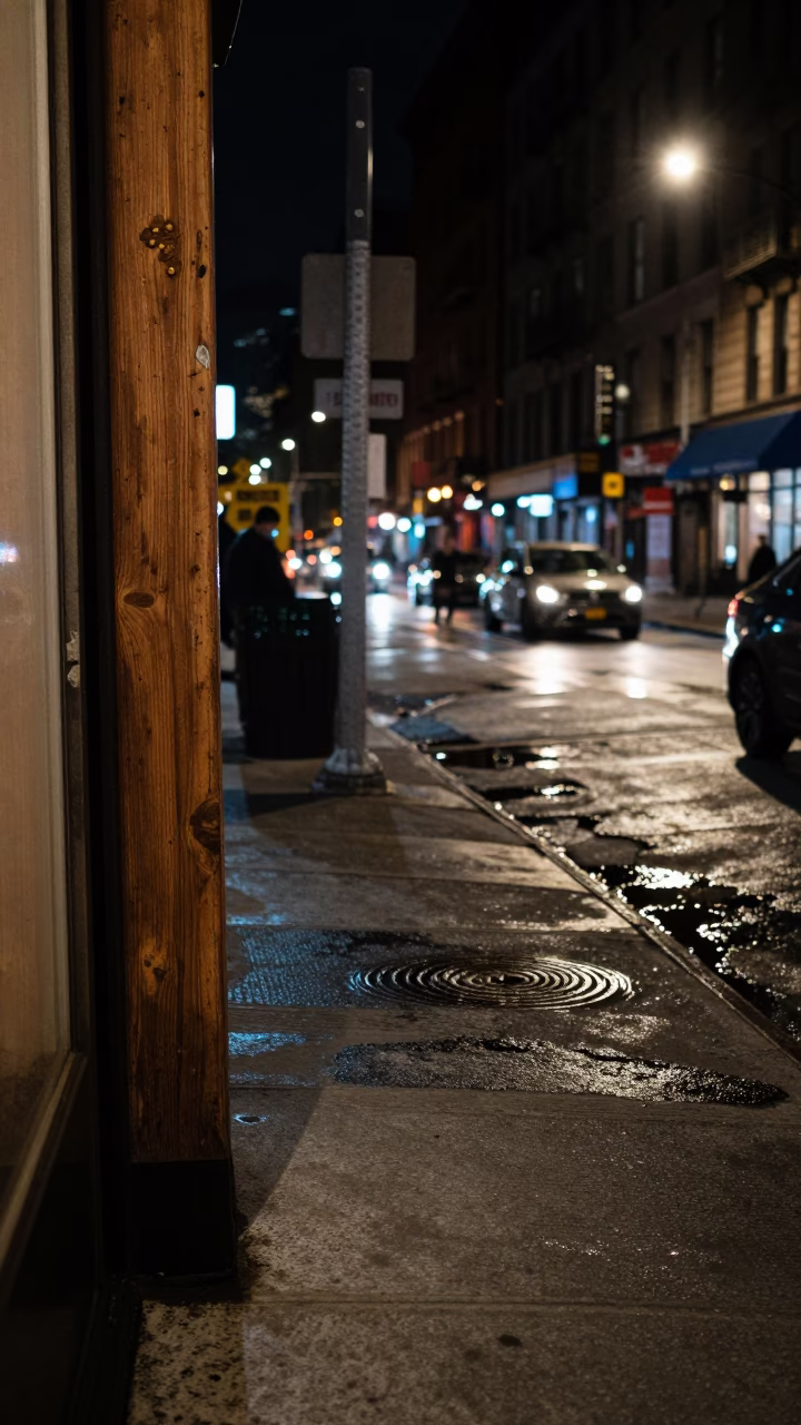 Late Night New York Street Scene with Water Rings on Doorframe and Apples in in New York, New York, United States