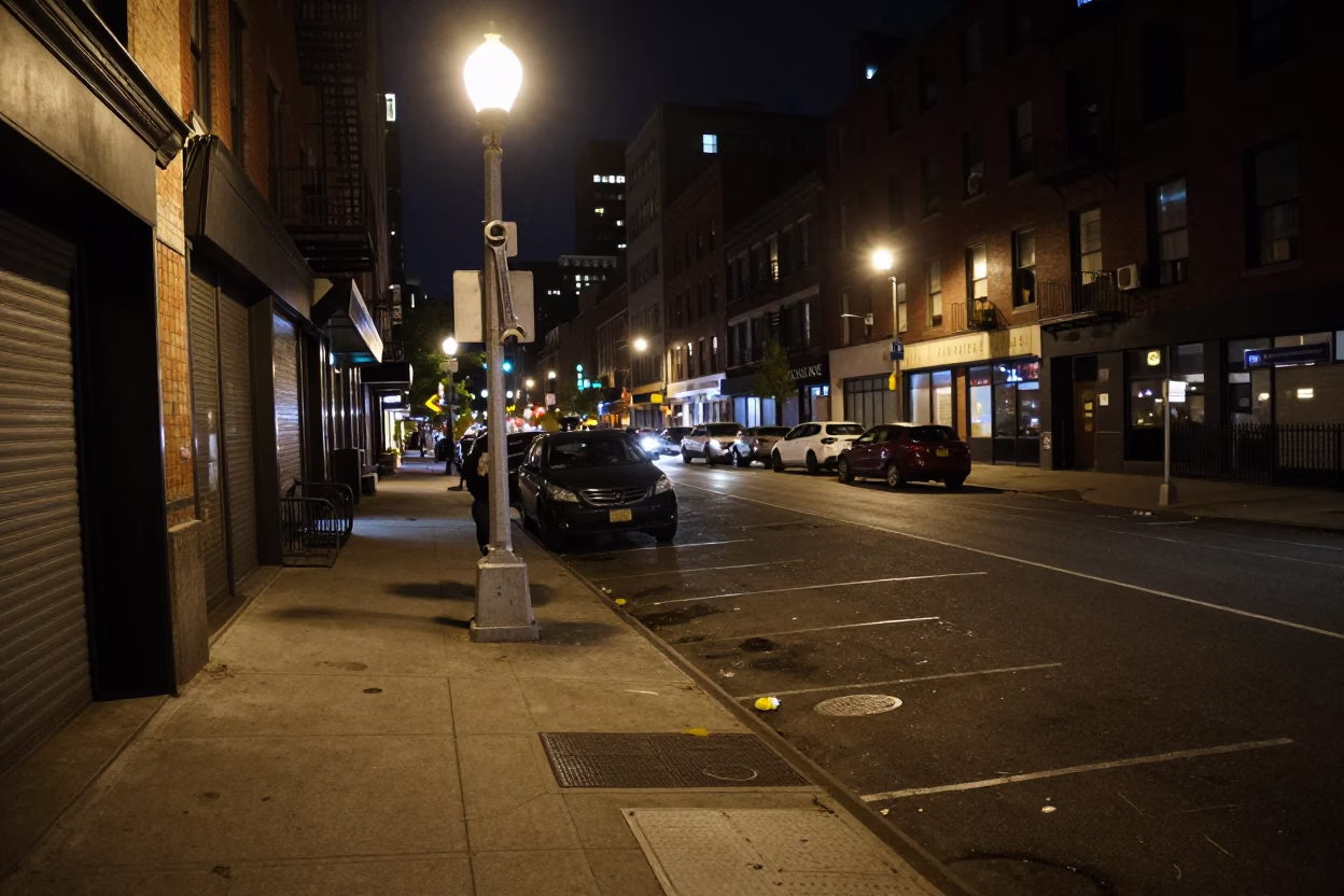 Late Night New York Street Scene with Wrench and Measuring Cup on Concrete Sidewalk in in New York, New York, United States