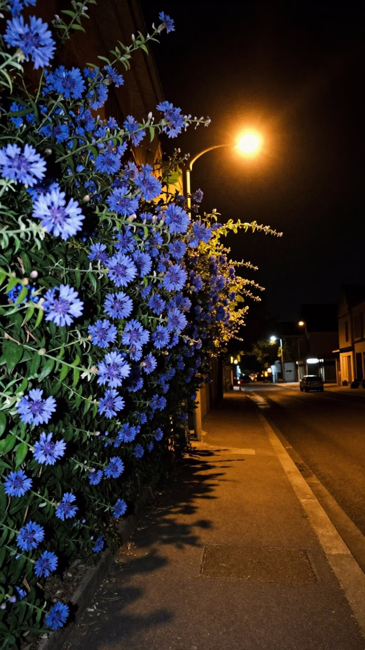 Late Night Nice Street Scene with Plumbago Hedge and Rusty Cabinet Door in in Nice, France