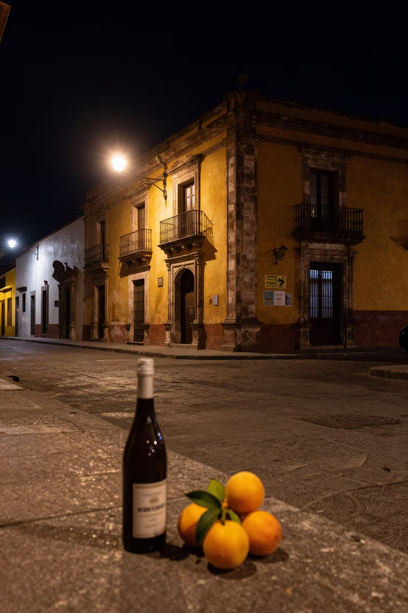 Late Night Oaxaca Street Scene with Bottle and Apricots in in Oaxaca, Mexico