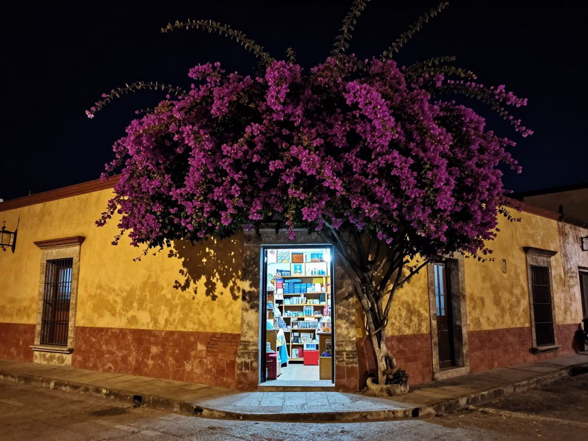 Late Night Oaxaca Street Scene with Bougainvillea and Warm Shop Lights in in Oaxaca, Mexico