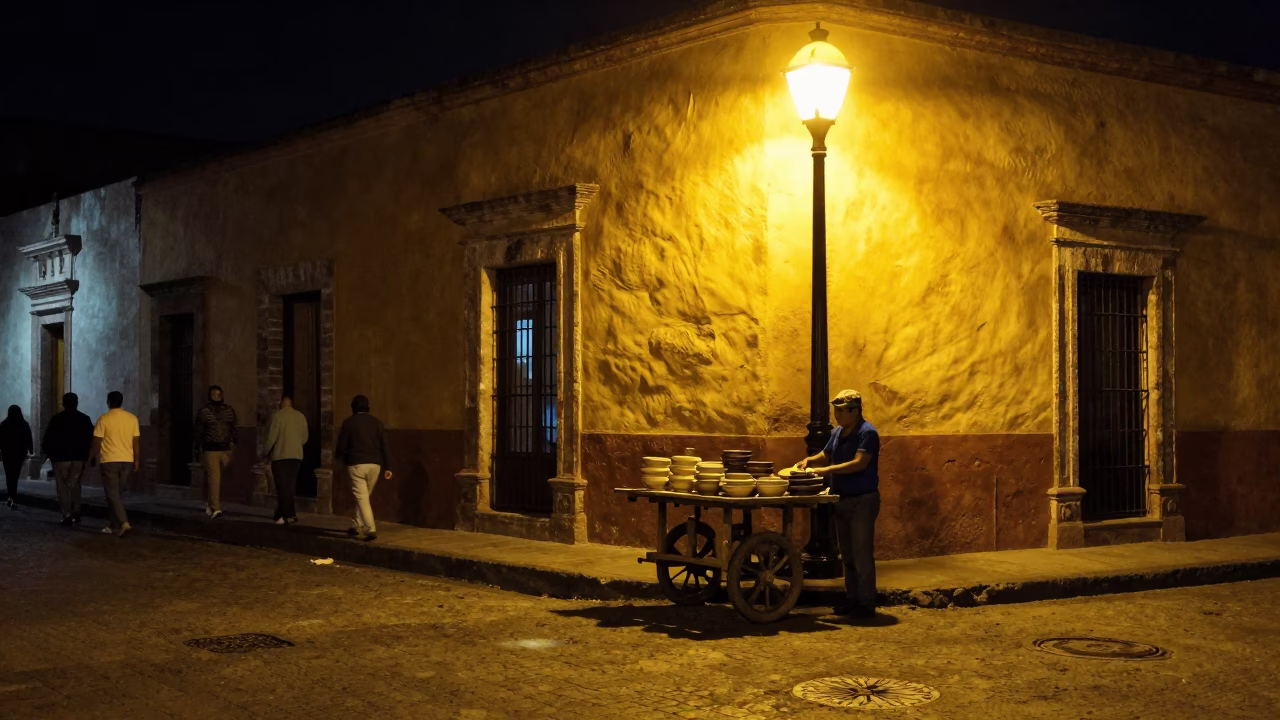 Late Night Oaxaca Street Scene with Ceramic Bowls and Churros in Mexico in in Oaxaca, Mexico