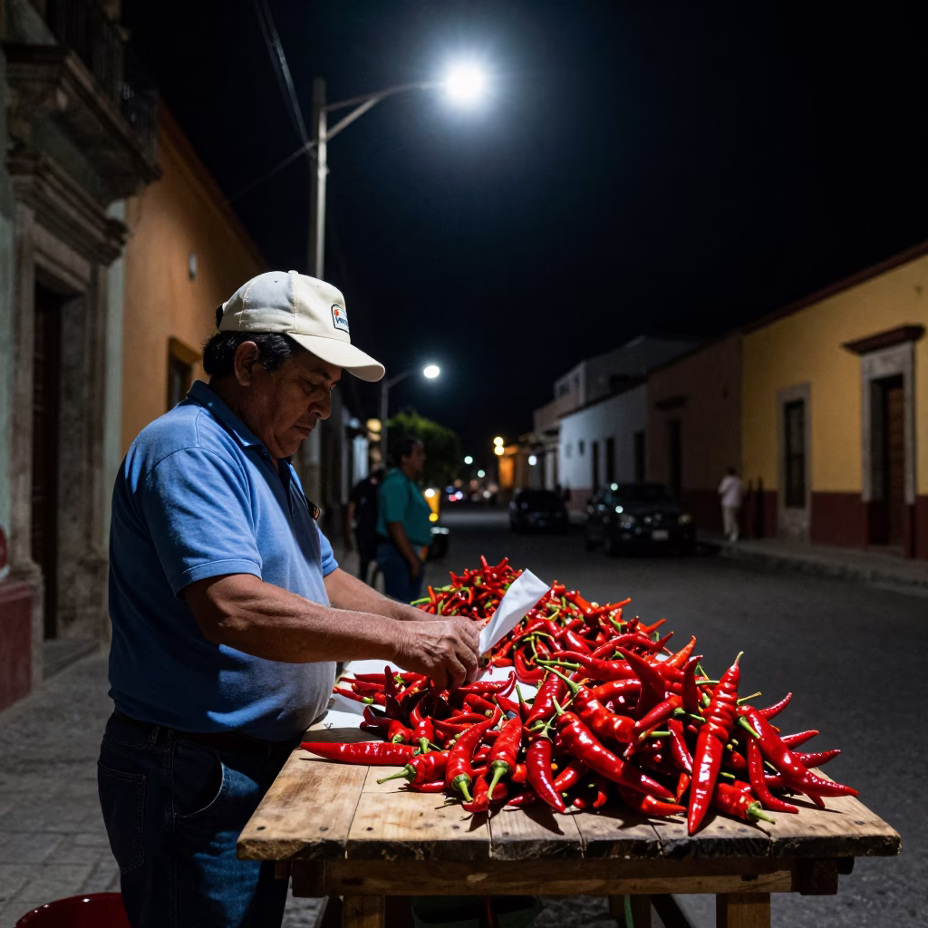 Late Night Oaxaca Street Scene with Chili Peppers and Local Market Activity in in Oaxaca, Mexico