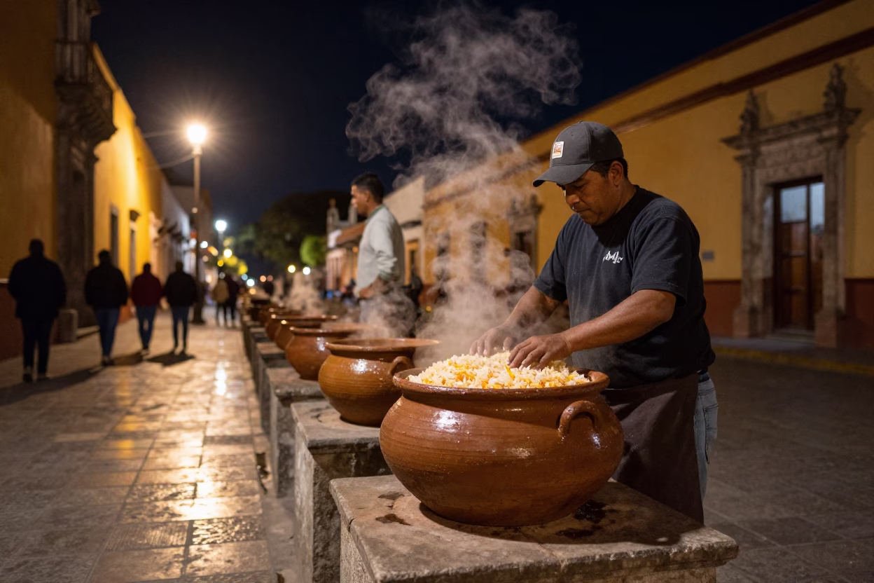Late Night Oaxaca Street Scene with Clay Pot Rice and Glass Jars in in Oaxaca, Mexico