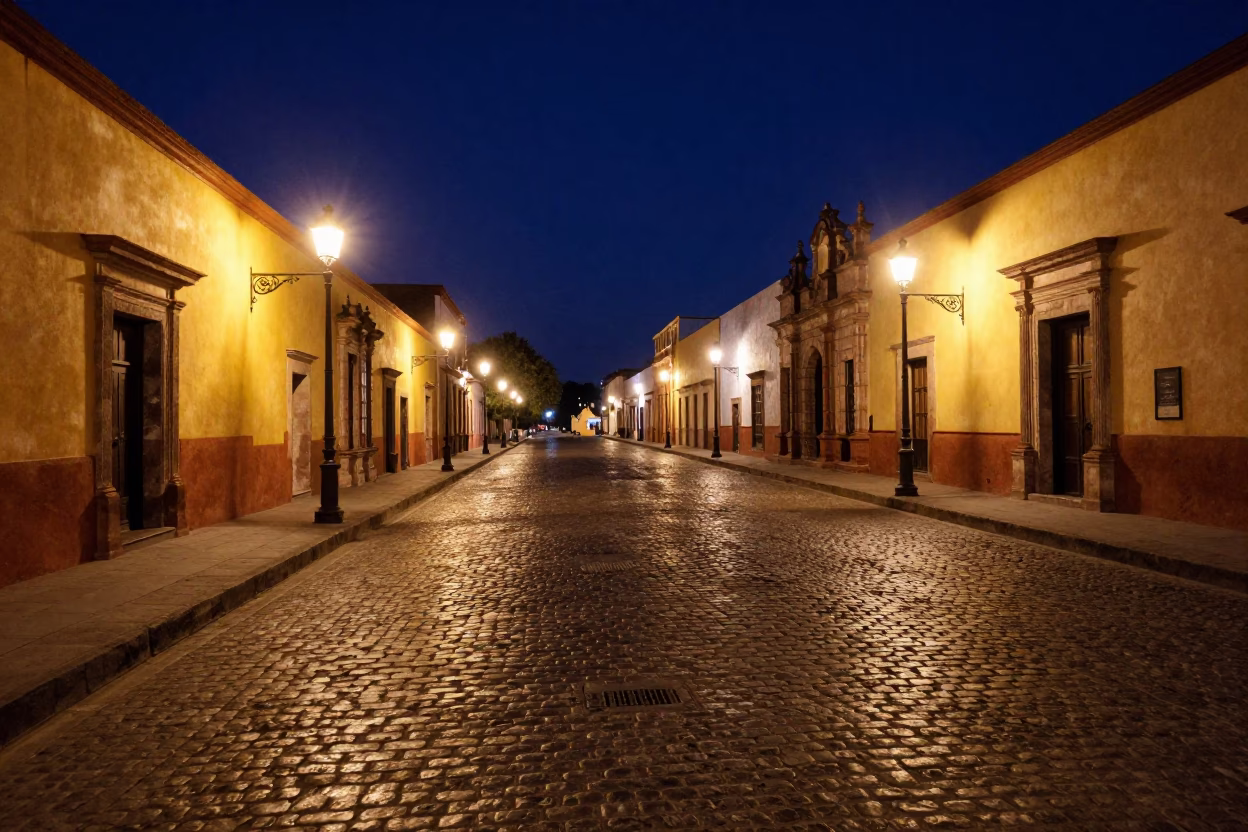 Late Night Oaxaca Street Scene with Cobblestones and Heritage Tram in in Oaxaca, Mexico