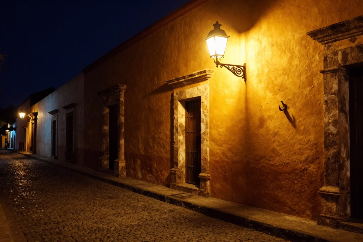Late Night Oaxaca Street Scene with Hurricane Lamp and Wall Hook Details in in Oaxaca, Mexico