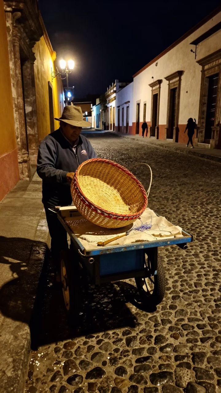Late Night Oaxaca Street Scene with Mending Basket and Warm Light in in Oaxaca, Mexico