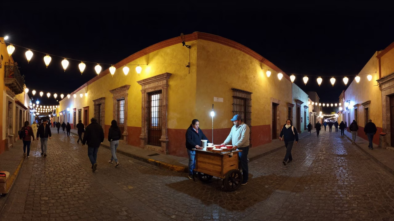 Late Night Oaxaca Street Scene with Neon Lanterns and Local Coffee Shop Espresso in in Oaxaca, Mexico