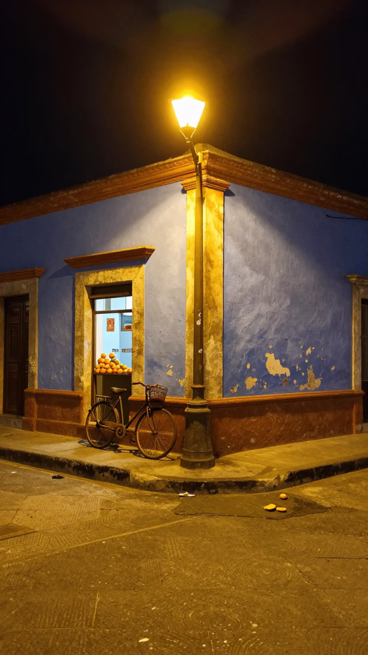 Late Night Oaxaca Street Scene with Oranges and Bicycle in in Oaxaca, Mexico