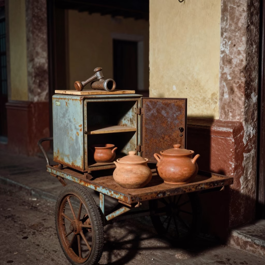Late Night Oaxaca Street Scene with Rusty Appliance and Clay Pots in in Oaxaca, Mexico