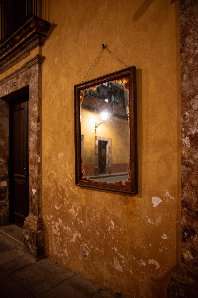 Late Night Oaxaca Street Scene with Rusty Mirror and Shirt Hanger in in Oaxaca, Mexico