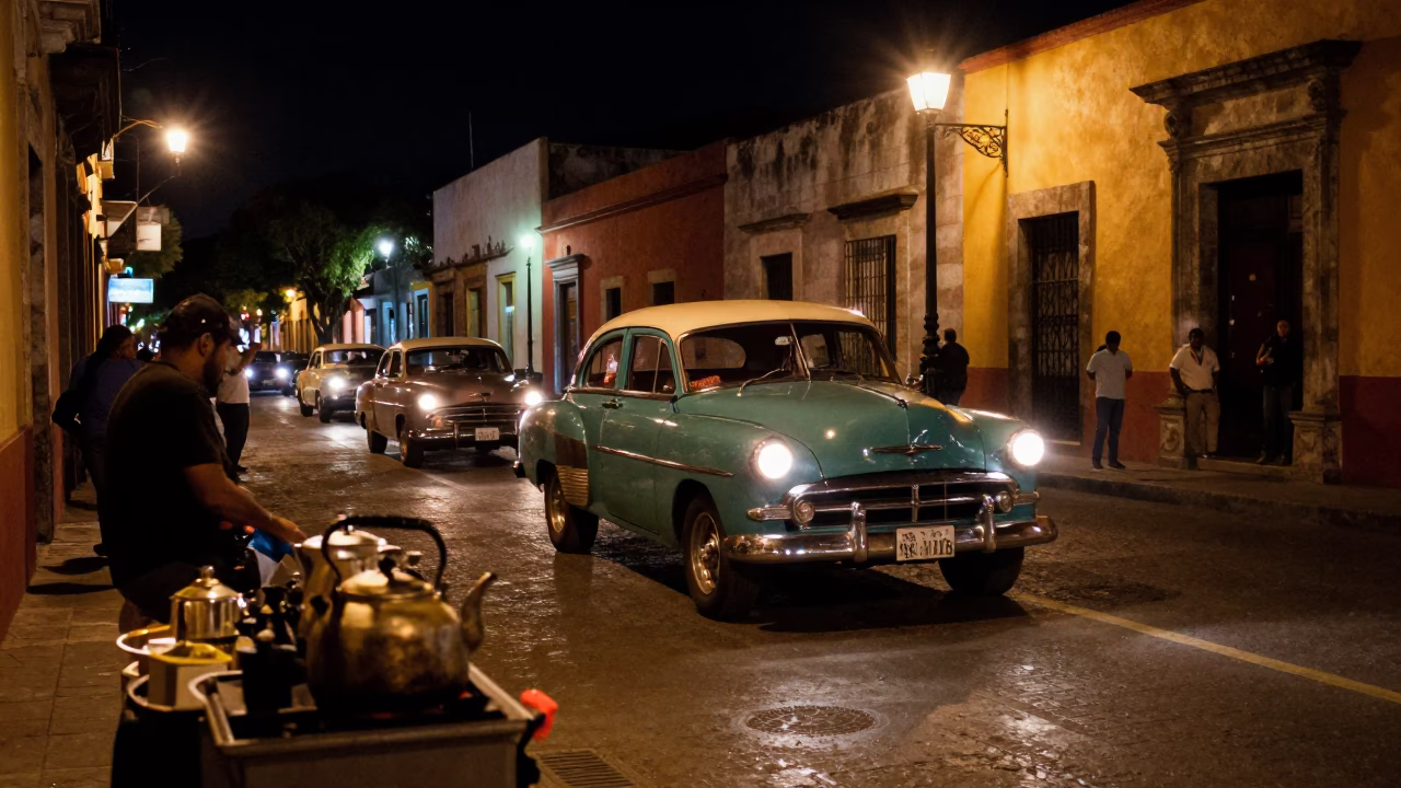 Late Night Oaxaca Street Scene with Vintage Car Rally and Stovetop Kettle in in Oaxaca, Mexico