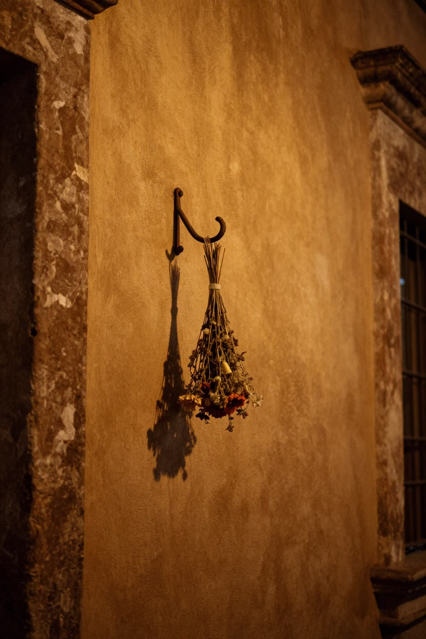 Late Night Oaxaca Street Scene with Wall Hook and Dried Flowers in in Oaxaca, Mexico