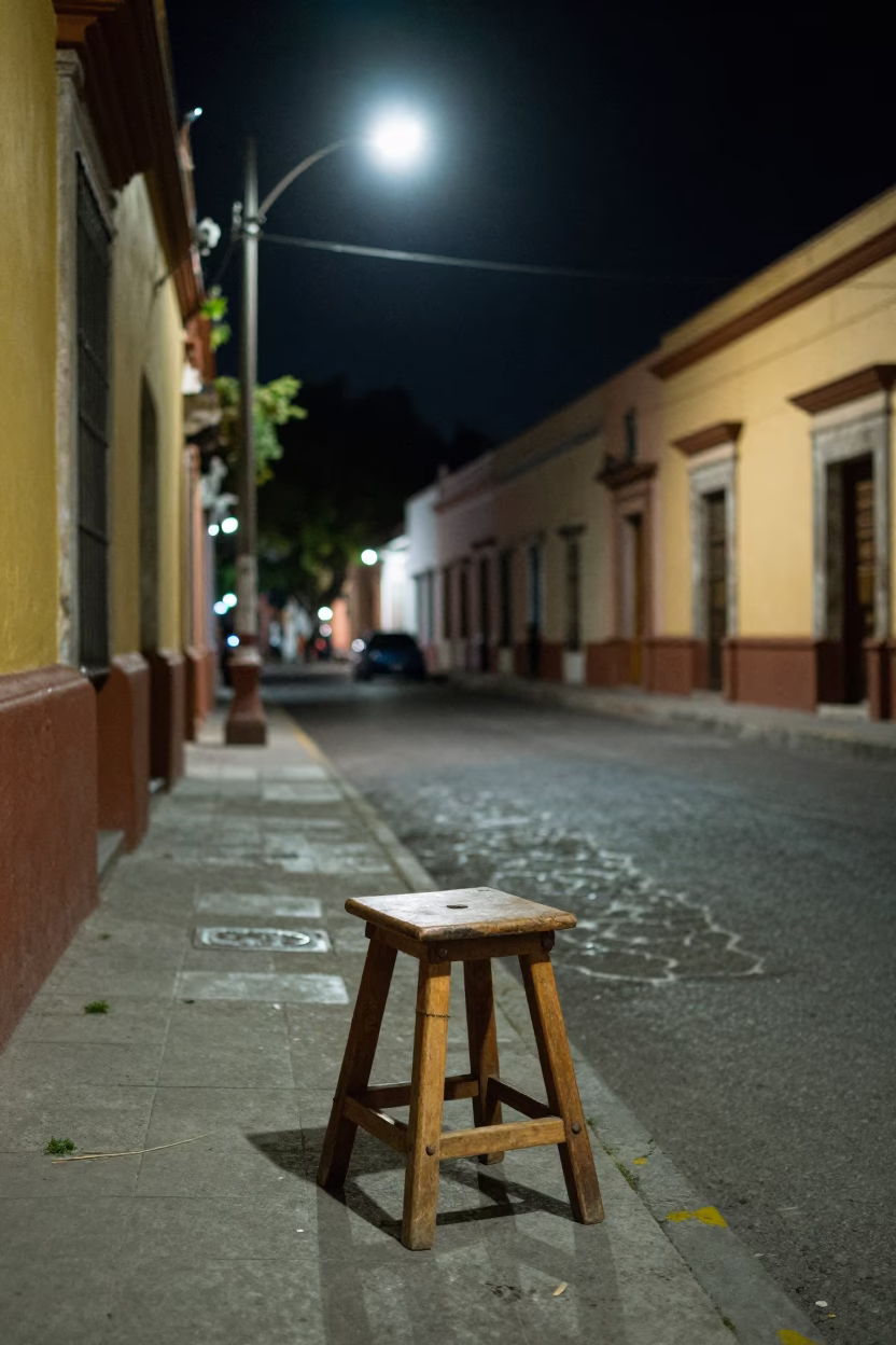 Late Night Oaxaca Street Scene with Wooden Work Stool and Hanging Tablecloth in in Oaxaca, Mexico