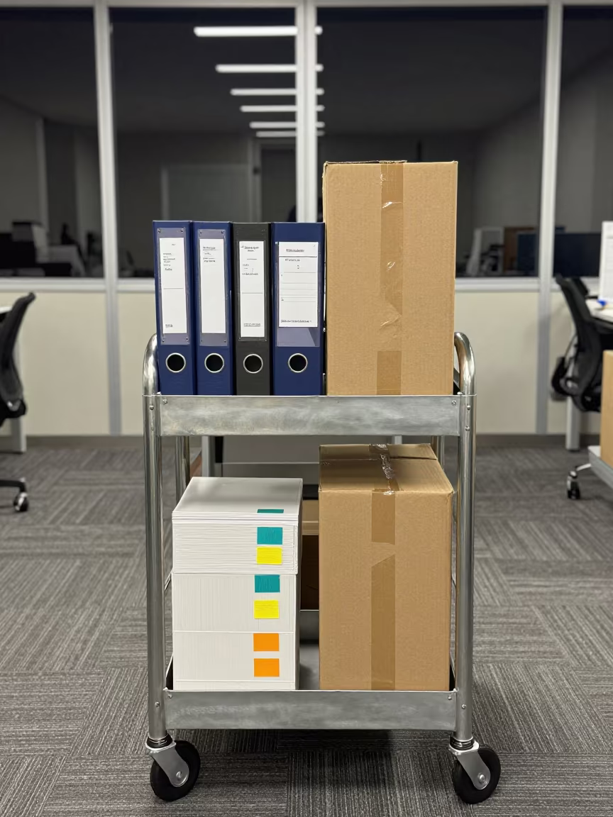 Late Night Office Minutes Binder Cart Tokyo in in an operations center under monitor glow in Tokyo