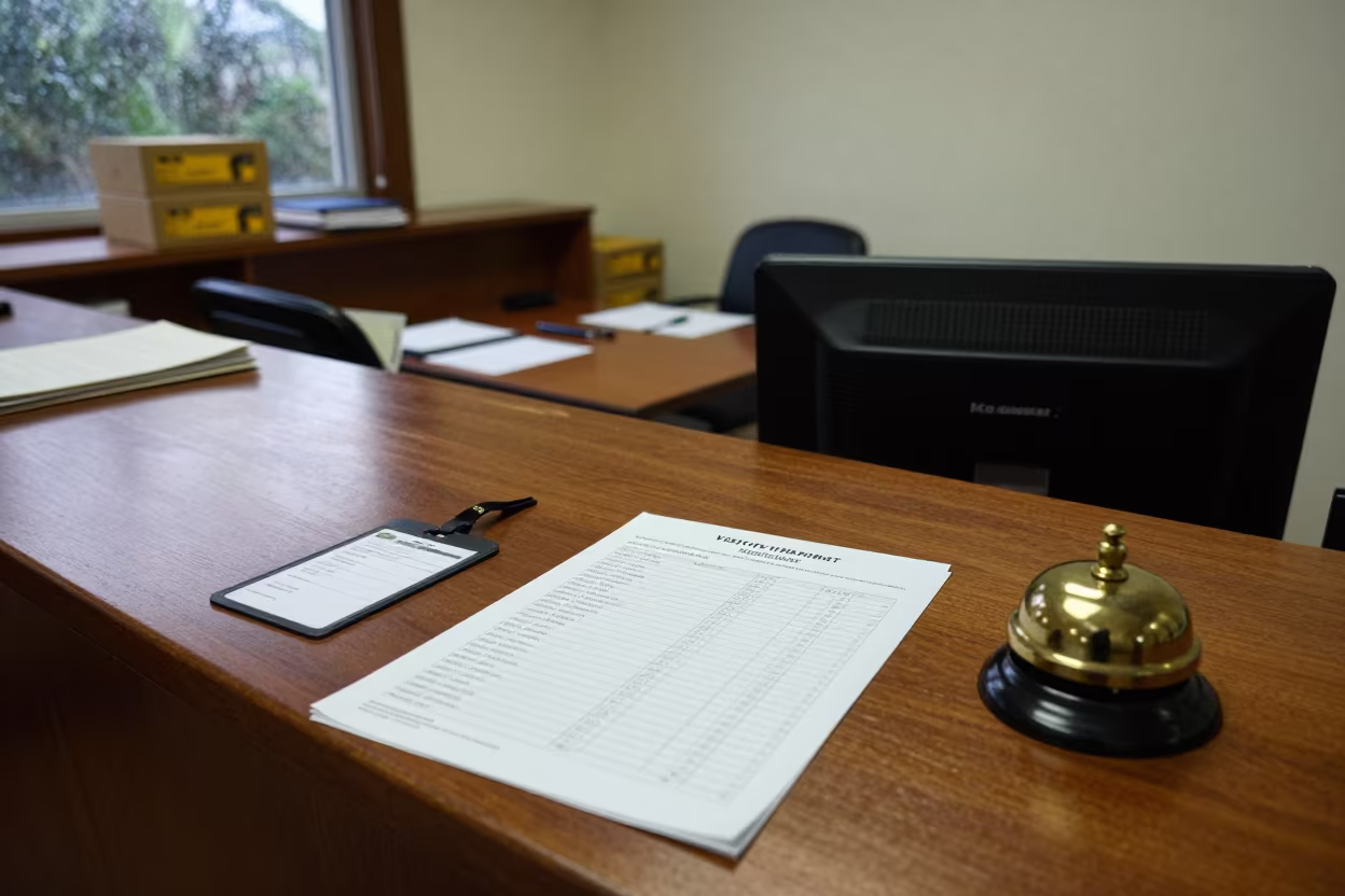 Late Night Office Reception Desk With Badges in at a boardroom table before a meeting in Malanje
