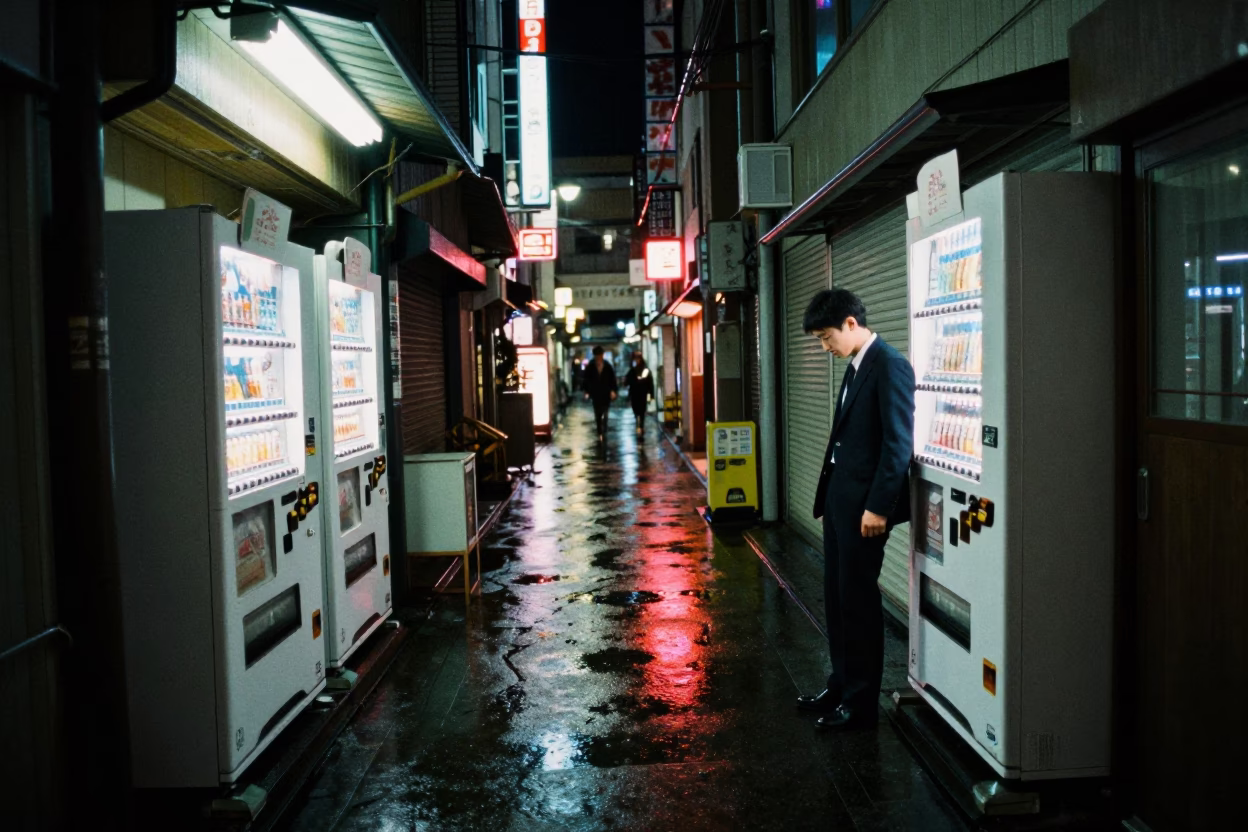 Late Night Osaka Alleyway Candid Scene with Neon Reflections and Traditional Amulet in in Osaka, Japan