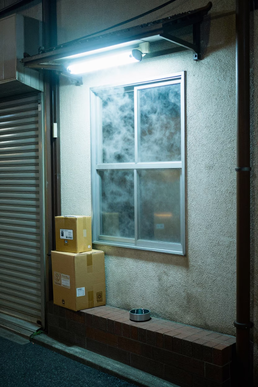 Late Night Osaka Alleyway with Steam Window and Ashtray on Concrete Ledge in in Osaka, Japan