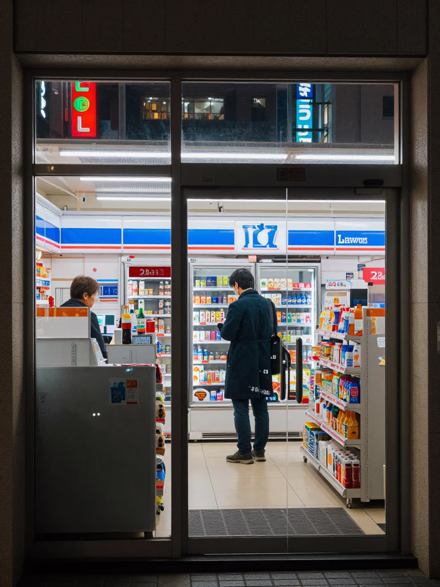 Late Night Osaka Convenience Store Interior with Customer and Snack Selection in in Osaka, Japan