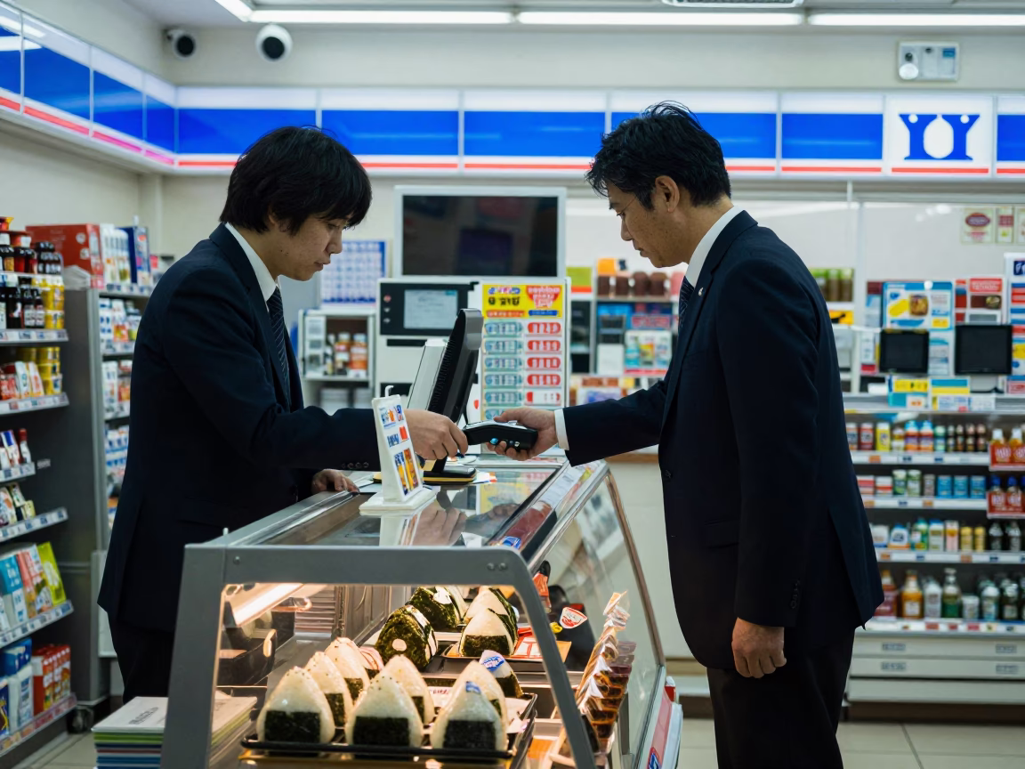 Late Night Osaka Convenience Store Interior with Neon Reflections and Stacked Merchandise in in Osaka, Japan