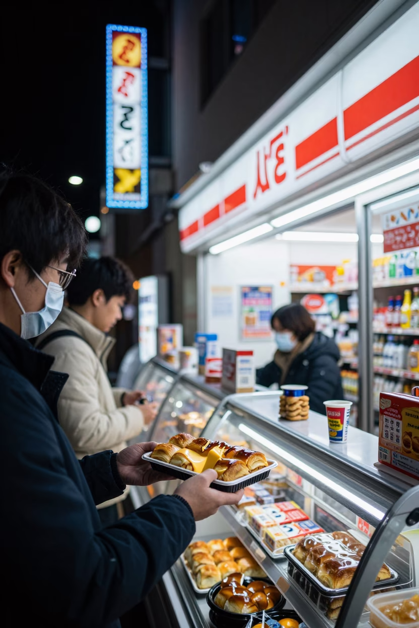 Late Night Osaka Convenience Store Interior with Neon Signs and Customer Interaction in in Osaka, Japan