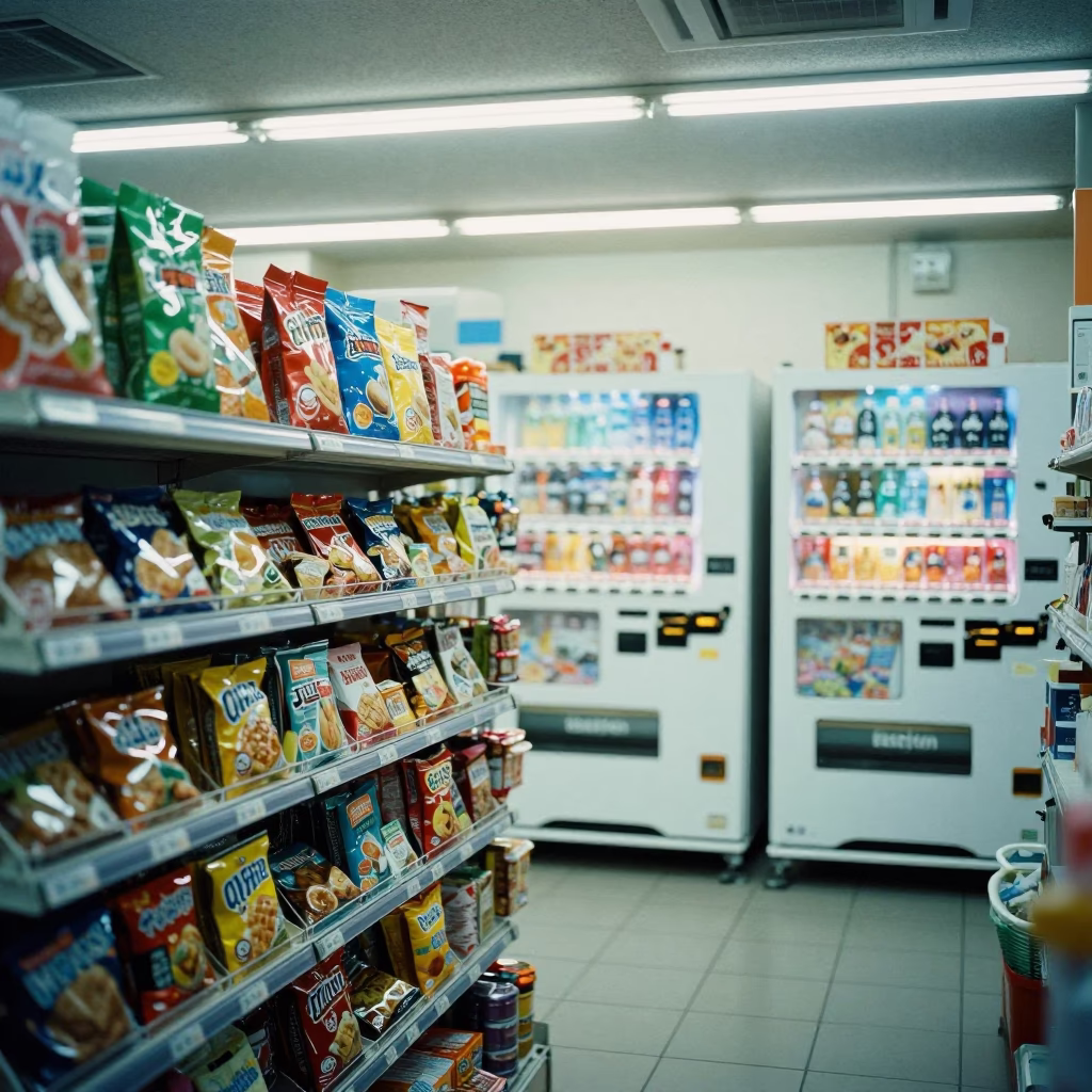 Late Night Osaka Convenience Store Interior with Vending Machines and Snacks in in Osaka, Japan