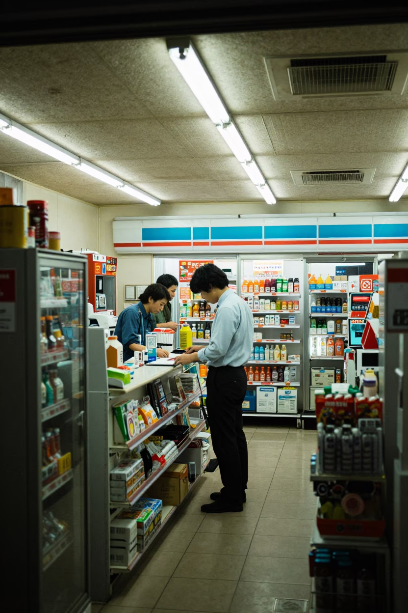 Late Night Osaka Convenience Store Interior with Vintage 1970s Aesthetic and Coffee Shop Details in in Osaka, Japan