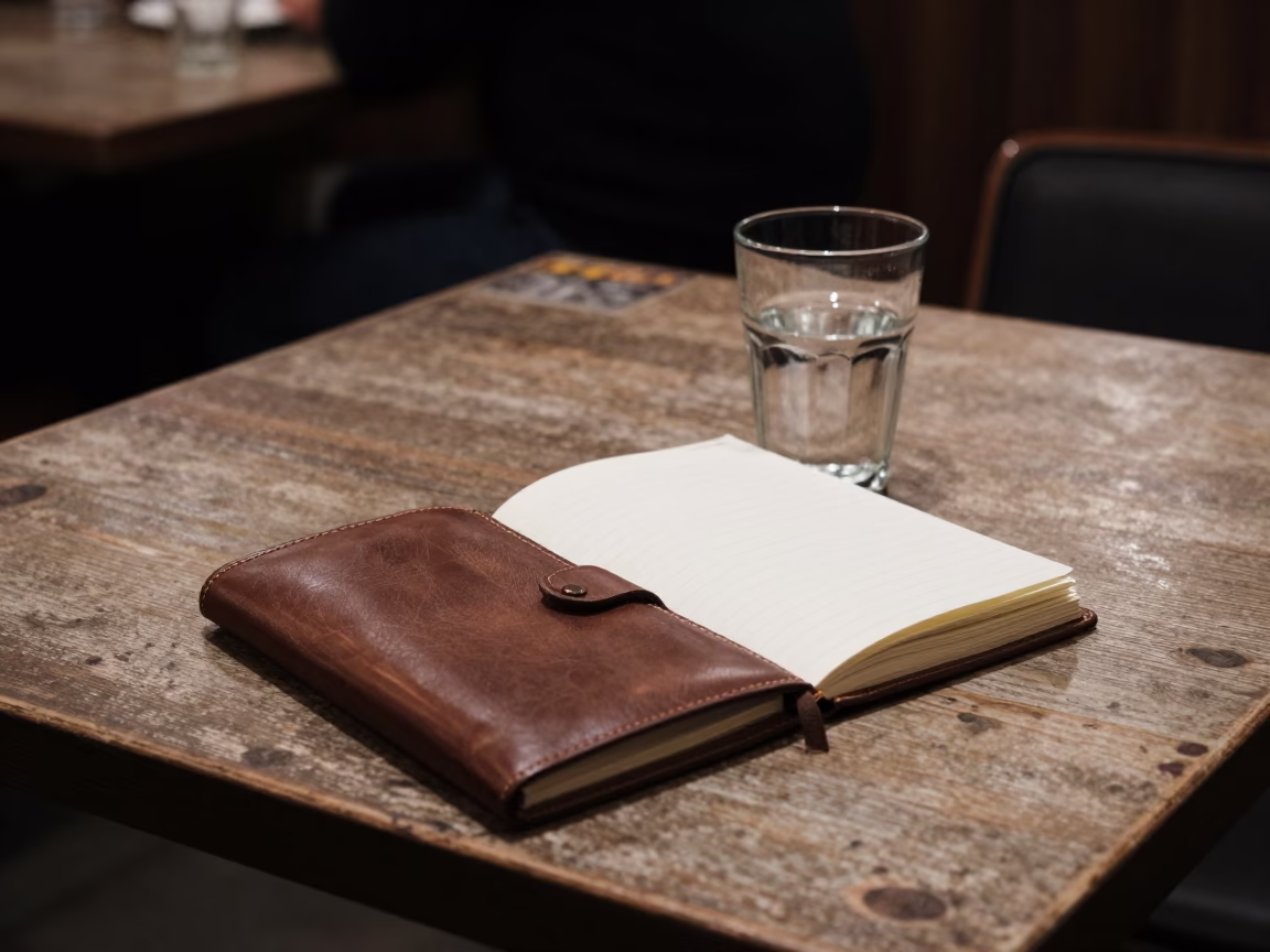 Late Night Osaka Diner Interior with Notebook and Glass of Mezcal in in Osaka, Japan