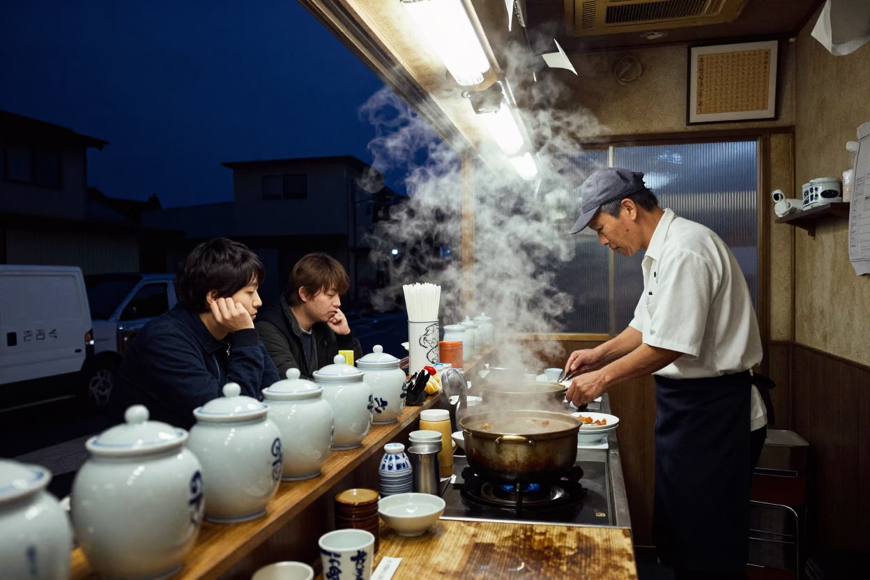 Late Night Osaka Diner Interior with Porcelain Jars and Paperback Books in in Osaka, Japan